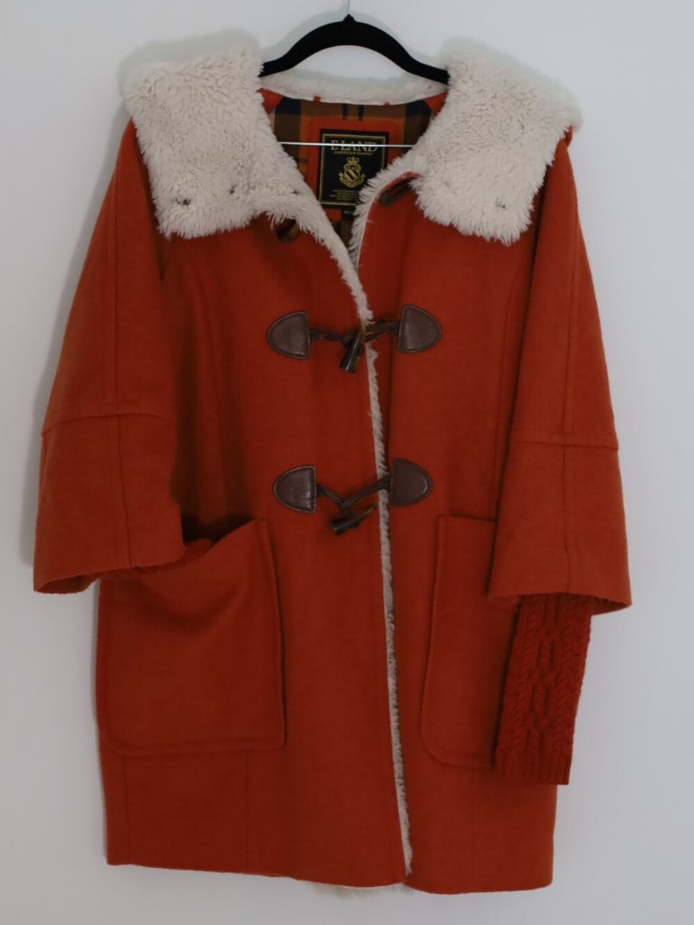 Orange Toggle Duffle Coat Faux Shearling Collar Wool Blend Size M